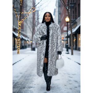 Fashion Nova Snow Leopard Faux Fur Coat – White Gray Animal Print Long Jacket